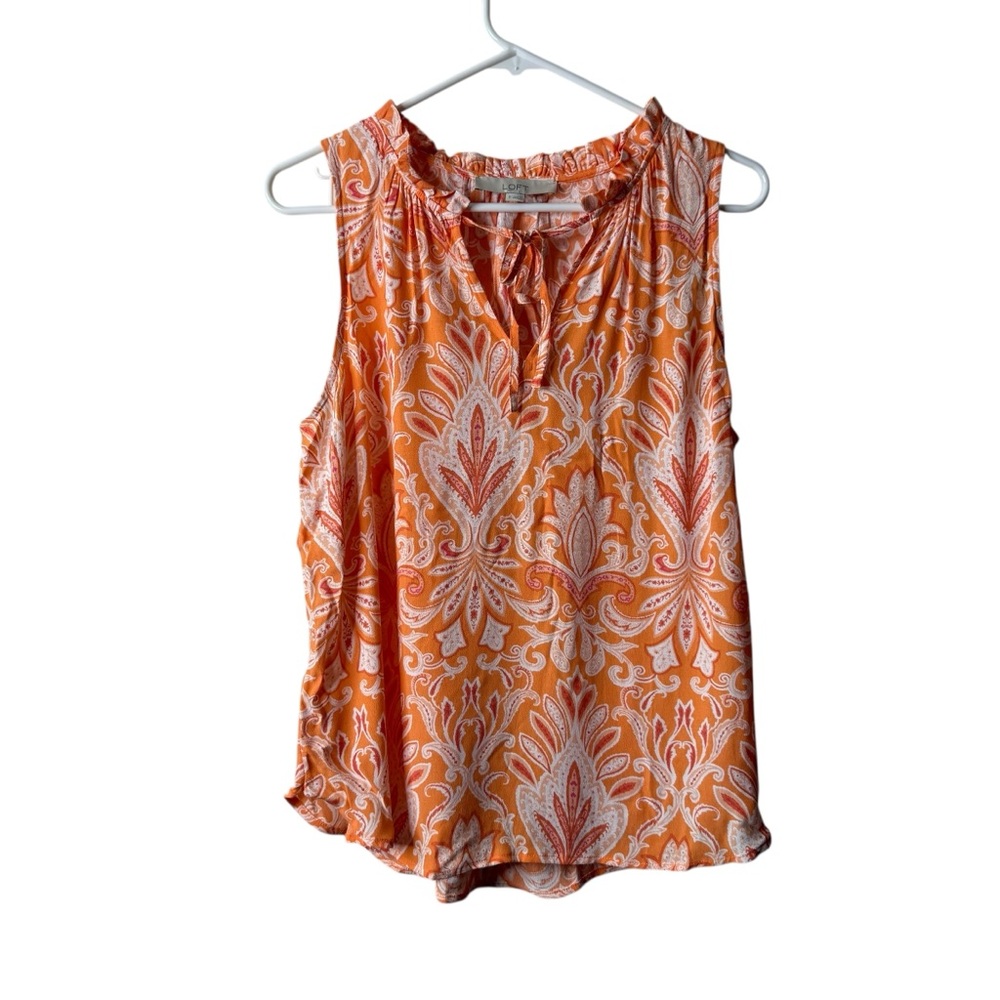 Loft Orange Paisley Ruffle Tie Neck Sleeveless Tank Top